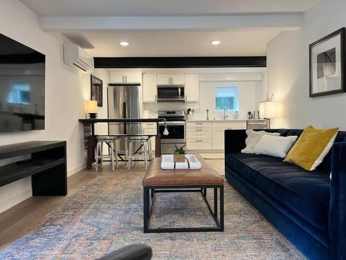 西雅图Modern, new & industrial in Georgetown的一间带蓝色沙发的客厅和一间厨房