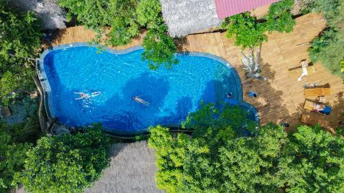 哈伯勒内Habarana Tree house Mutu village的享有大型蓝色游泳池的顶部景致
