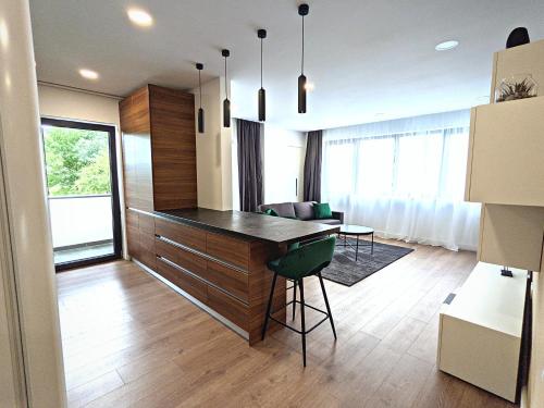 克卢日-纳波卡Ira Premium Apartment Cluj的一间带书桌的厨房和一间客厅
