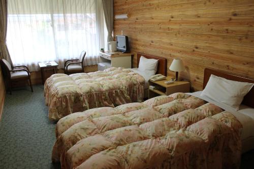 本宫川汤绿屋山水馆酒店的酒店客房设有三张床和电视。