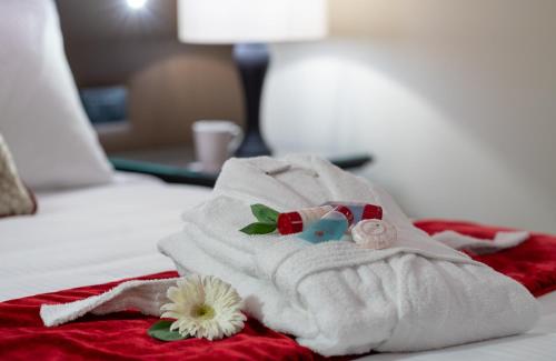 梅斯特Leonardo Royal Hotel Venice Mestre的床上的白色毛巾,带鲜花