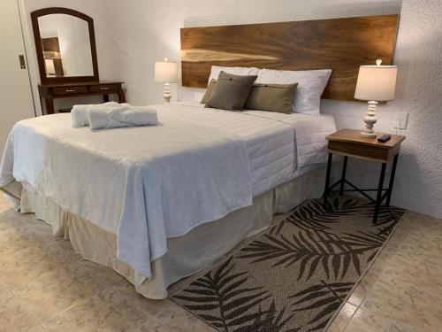 瓜达拉哈拉波萨达圣塔菲酒店的卧室配有一张白色大床和镜子