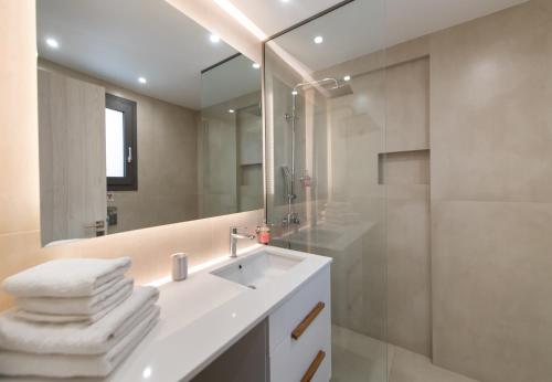 雷夫卡达镇SunilioS Apartments Lefkada的一间带水槽、淋浴和镜子的浴室