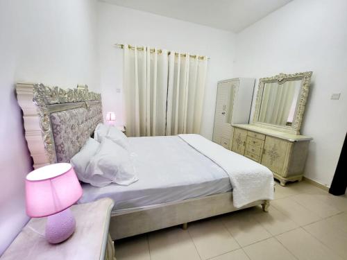 阿吉曼Cheap Holiday Home的一间卧室配有一张带粉色灯和镜子的床