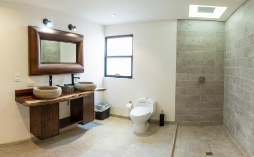 瓜达鲁佩镇Estancias Sierravita的一间带卫生间、水槽和镜子的浴室