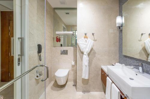 伊洛伊洛里士满伊洛伊洛酒店的一间带水槽、卫生间和淋浴的浴室