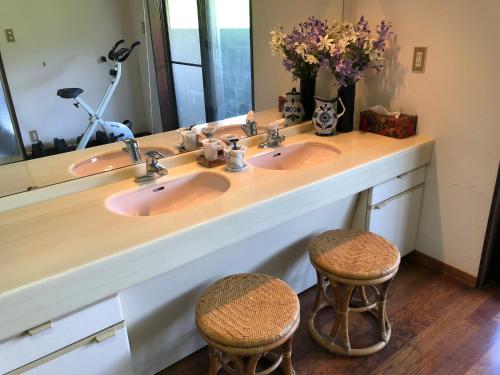 飞騨市Cool-Villa 飛騨リゾート的浴室设有2个水槽和2个凳子
