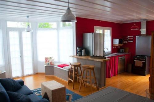 勒唐蓬Villa Volcan的客厅设有带红色墙壁的厨房