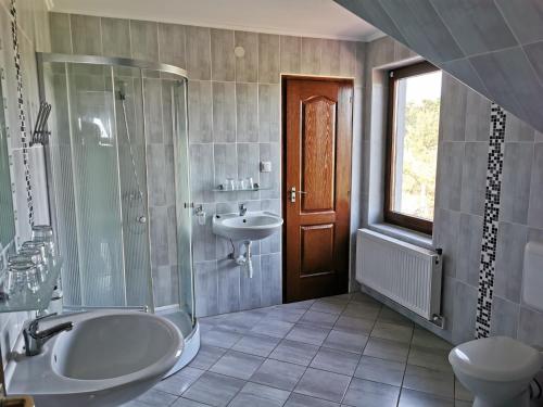 EdelényMerlot Borhotel és Látványpince的一间带水槽、淋浴和卫生间的浴室