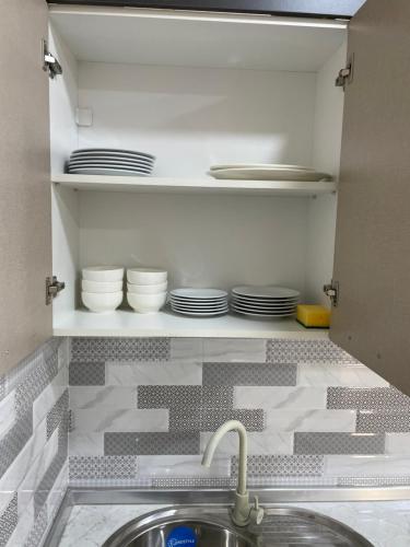 库巴Kvartira的架子上的厨房,配有水槽和盘子