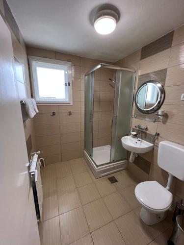 帕莱SKI KUCA PALE的带淋浴、卫生间和盥洗盆的浴室