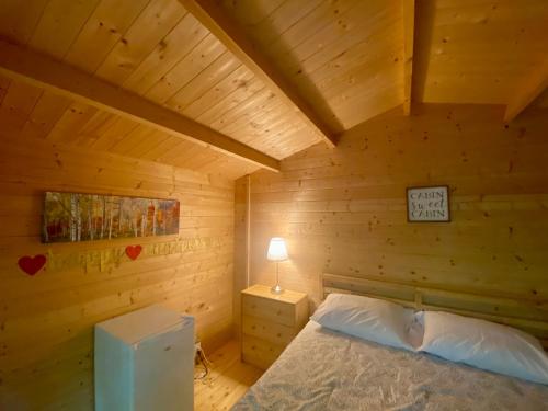 MadawaskaAlgonquin Madawaska Lodge Cottage Glamping Cabins的小木屋内一间卧室,配有一张床