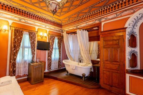 普罗夫迪夫赫布罗斯住宿酒店的带浴缸的大型浴室和电视。