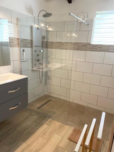 圣罗斯Habitation Loumavi的一间带玻璃淋浴和水槽的浴室