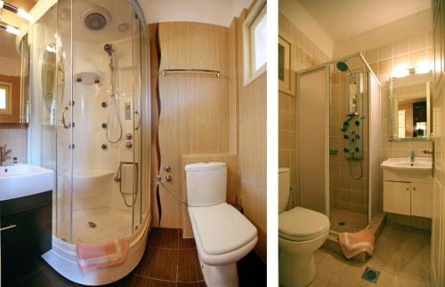 普洛马里翁沙湾酒店的浴室设有卫生间和淋浴,两幅图片