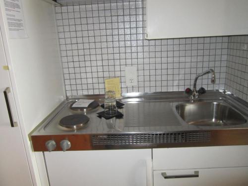 弗利姆斯Studio im Hotel Des Alpes的一个带水槽和柜台的小厨房