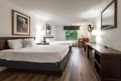 MonetaHalesford Harbour Resort - Smith Mountain Lake的酒店客房配有两张床和一张书桌