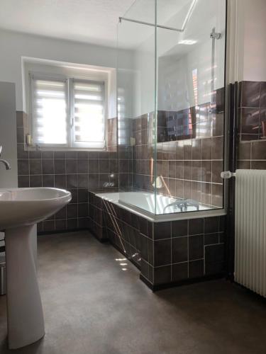 贝尔蒙特gîte de montagne au pied du Champ du Feu (Alsace)的带浴缸、水槽和淋浴的浴室