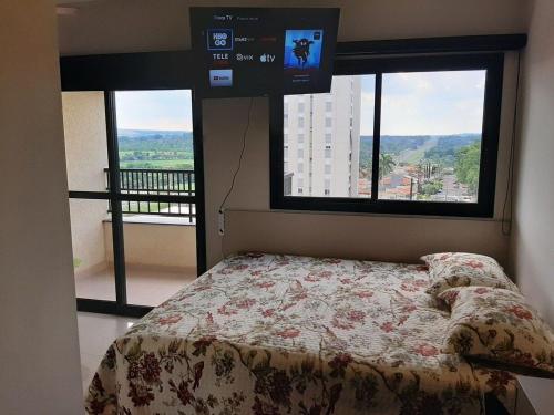 里贝朗普雷托Nova Aliança 66-wifi-estacionamento-pet friendly的一间卧室设有一张床、电视和窗户