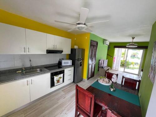博卡奇卡Boca Paraiso的厨房拥有白色和绿色的墙壁,配有桌子