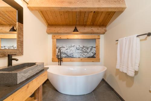 黑利Bear Lodge with private Pool, Hottub, and Sauna!的一间带大浴缸和水槽的浴室