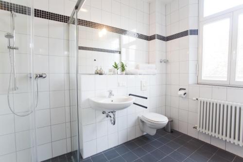 施派尔哈蒙德宾馆的一间带水槽、卫生间和淋浴的浴室