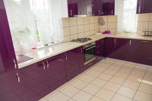 克利默内什蒂Casa Gabrielle的厨房配有紫色橱柜和白色瓷砖地板。