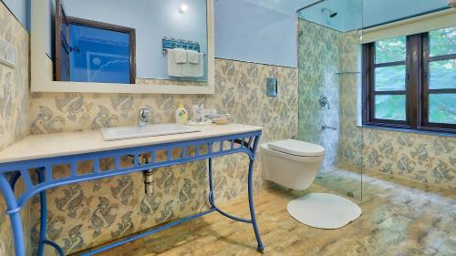 斋浦尔Ikaki Niwas - A Heritage Boutique Hotel的浴室配有卫生间、盥洗盆和淋浴。