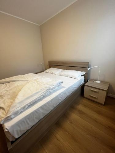 福尔加里亚Trentino Apartments - Casa Laita的一间卧室配有一张床和一个带灯的床头柜