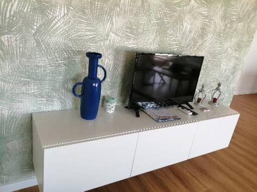 瓜尔达zélu apartamento centro da Guarda的蓝色的花瓶坐在一个白色的橱柜里,配有电视