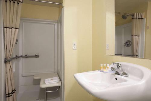 丹佛戴斯丹佛市中心酒店的一间带水槽和淋浴的浴室