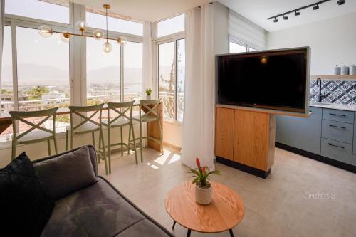 埃拉特YalaRent Orchid Boutique Apartments的一间带电视和桌子的客厅