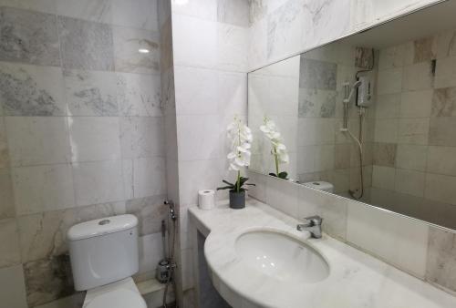 瓜埠Luï Luï Comfy Condo in Great Location的一间带卫生间、水槽和镜子的浴室