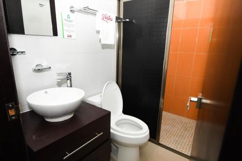 OcozocuautlaHotel los faroles的浴室配有卫生间、盥洗盆和淋浴。