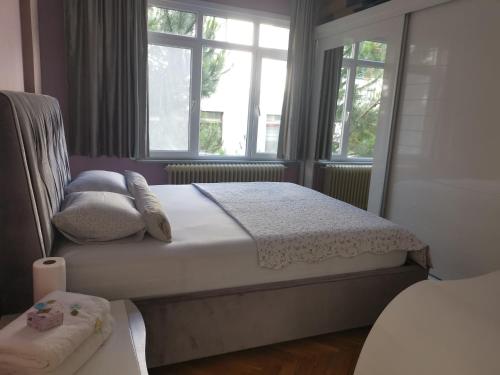 伊斯坦布尔Yıldız的一间卧室设有一张大床和两个窗户