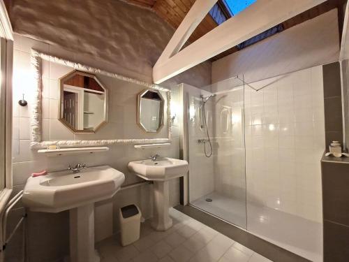 欧兹Gîtes Elusate的一间带两个盥洗盆和淋浴的浴室
