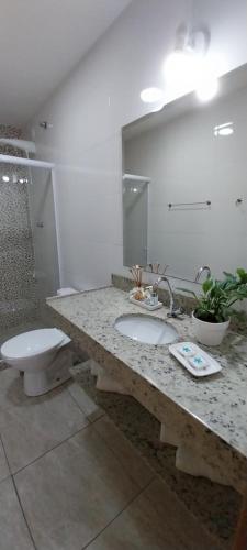 伊泰帕瓦Pousada da Vila的一间带水槽、卫生间和镜子的浴室