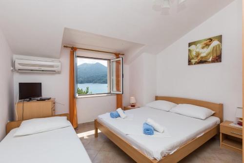 斯拉诺Apartments and rooms by the sea Slano, Dubrovnik - 2687的带窗户的客房内的两张床