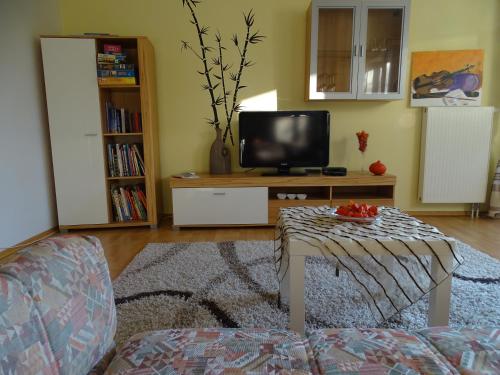 HaldenwangFerienwohnung Findus的客厅配有电视和桌子
