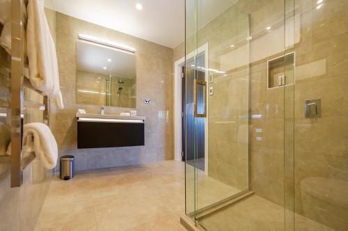 科罗曼德镇Atea Lodge的一间带玻璃淋浴和水槽的浴室