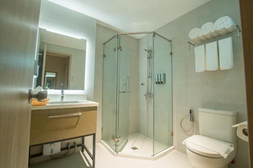麦克坦1521 Hotel & Spa的带淋浴、卫生间和盥洗盆的浴室
