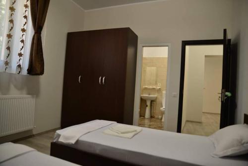 加拉茨Casa Stefan Galati的一间卧室设有两张床、一个水槽和镜子
