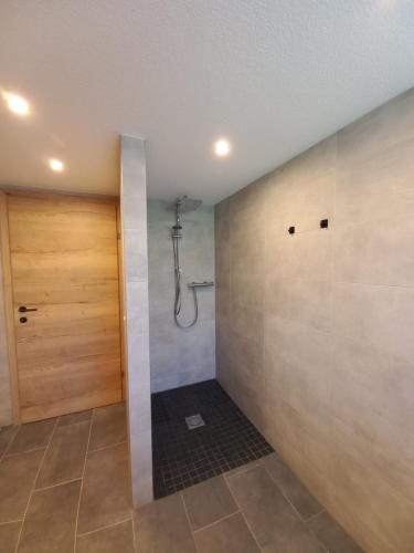 绍滕斯Haus Waldfrieden的浴室配有淋浴间和步入式淋浴间。