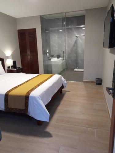 利马Serenzza Hotel的一间卧室配有一张床,浴室设有淋浴。