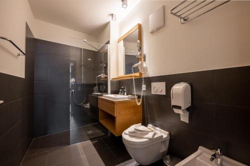 普拉托·阿罗·斯泰尔维奥萨奇牡勒公寓式酒店的浴室配有卫生间、盥洗盆和淋浴。
