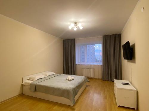 阿斯塔纳Апартаменты в центре города的一间卧室配有一张床、一台电视和一个窗口