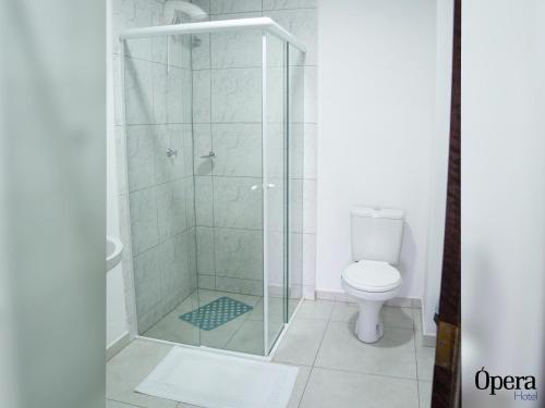 Pôrto UniãoOpera Hotel的带淋浴和卫生间的浴室