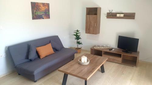 阿纳维索斯Christy's House Anavissos / Ανάβυσσος的客厅配有蓝色的沙发和茶几