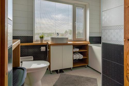 拉克韦雷Relax Interior Stylish House in Rakvere的浴室配有盥洗盆、卫生间和浴缸。