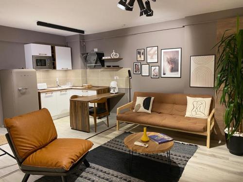 雅西Shi Zi Junior Suite的带沙发的客厅和厨房